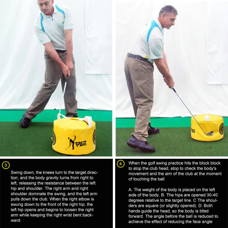 Yellow golf practice impact trainer bag used with a club during stance practice