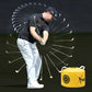 Yellow golf practice impact trainer bag on grass during a swing practice drill