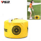 Yellow golf practice impact trainer bag with carry handles and circular target graphic