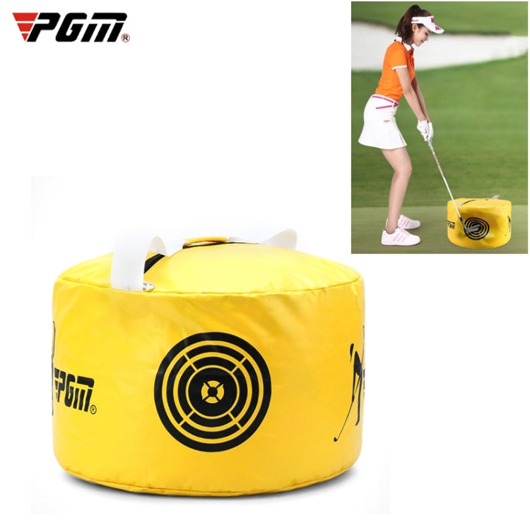 Yellow golf practice impact trainer bag with carry handles and circular target graphic