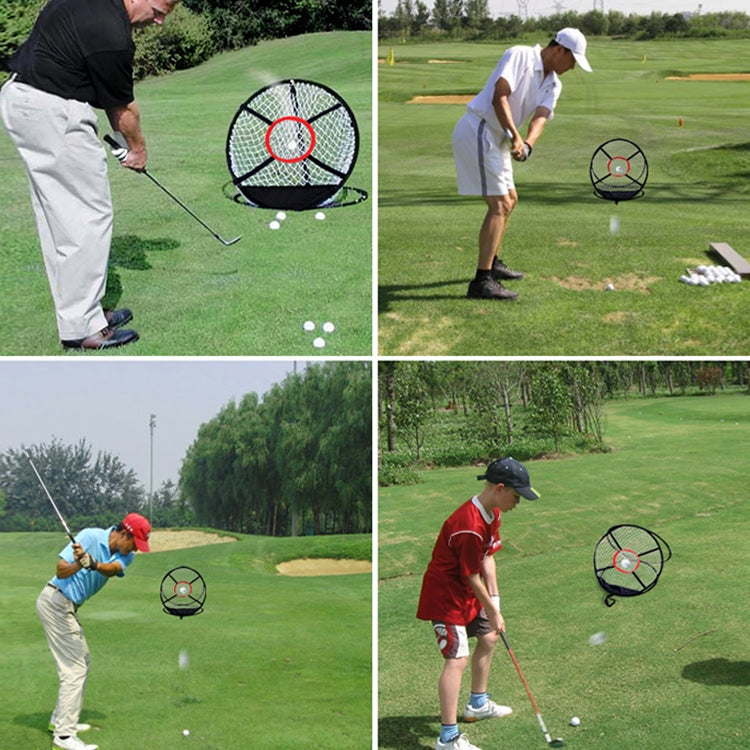PGM golf practice net set up on a course, black frame with red center target