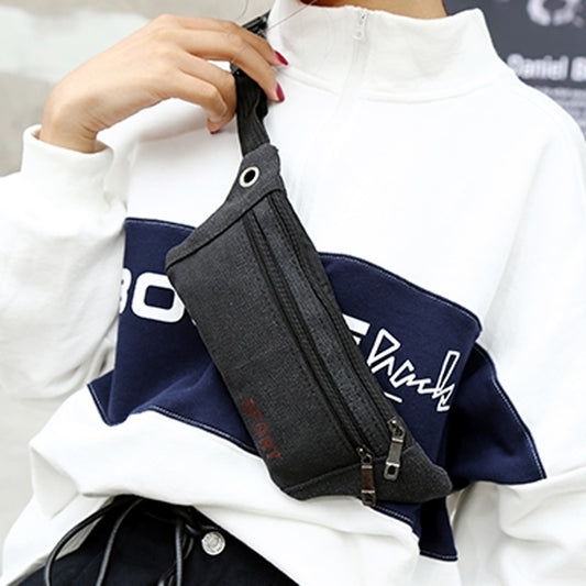 Black canvas single-shoulder waist bag with zip pocket and adjustable strap