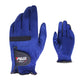 Pair of men's blue golf microfiber gloves with black palm panels and wrist straps