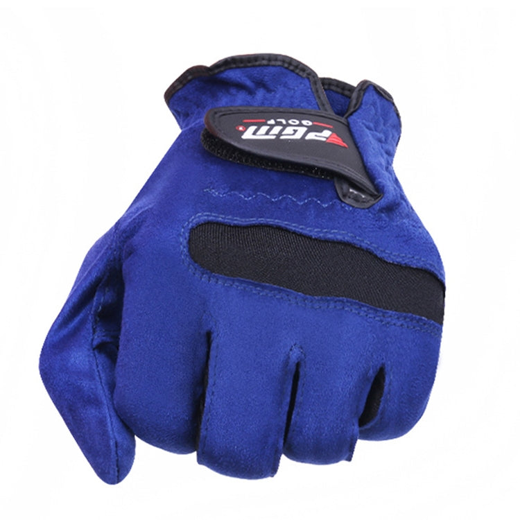Men's blue golf microfiber glove back with black wrist strap and logo patch
