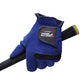 Men's blue golf microfiber glove with black hook-and-loop wrist patch