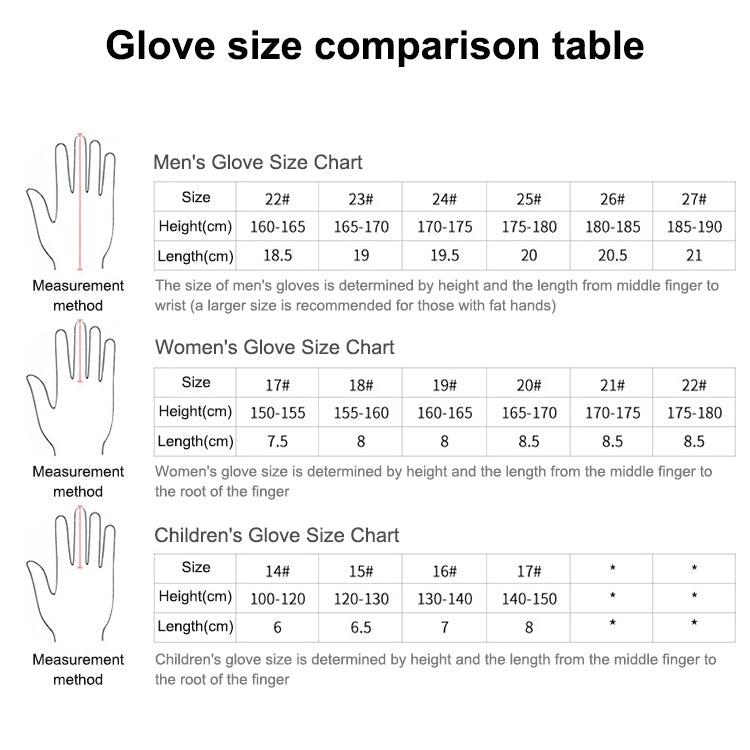 Men's glove size comparison chart with height and length by size 22-27+