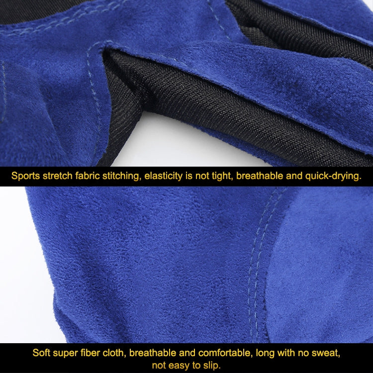 Blue golf microfiber glove cuff close-up with black stitched seam