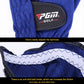 Blue golf microfiber glove with PGM Golf logo patch on the back