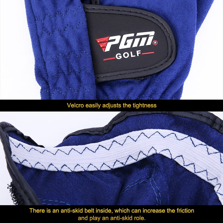 Blue golf microfiber glove with PGM Golf logo patch on the back