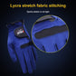 Blue golf microfiber glove with Lycra stretch fabric stitching detail