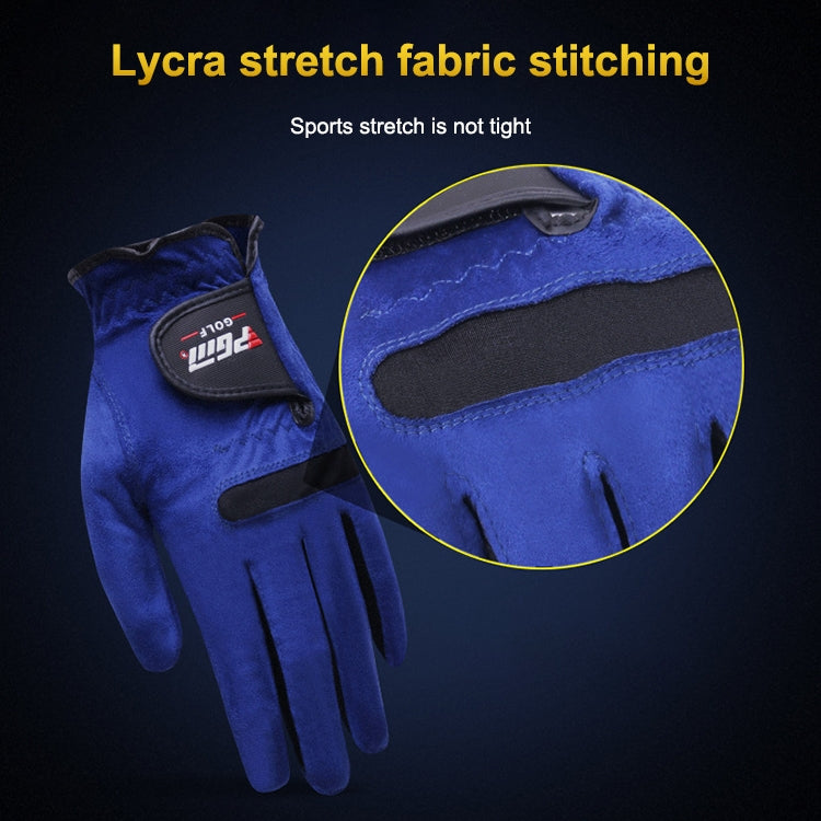 Blue golf microfiber glove with Lycra stretch fabric stitching detail