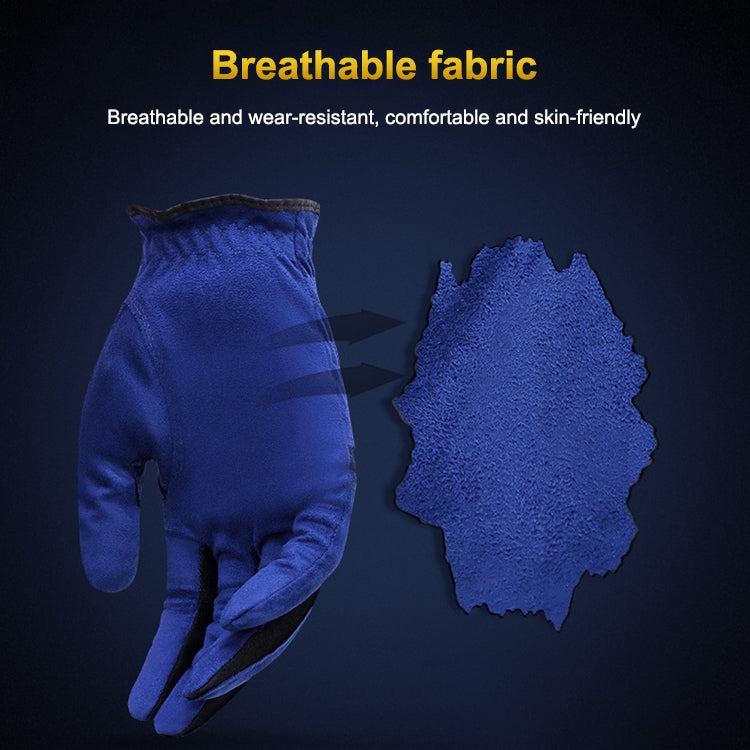 Blue golf microfiber glove with fabric swatch showing breathable material