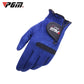 Blue microfiber golf glove with black logo patch on back, open fingers