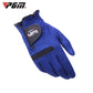 Blue microfiber golf glove angled view with black palm panel and open fingers