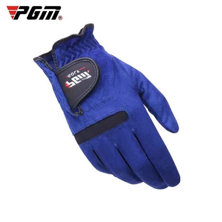 Blue microfiber golf glove with black palm panel and stitched finger slots