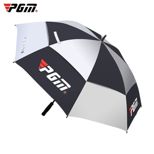PGM golf umbrella with pink, white, and dark-gray panels; manual straight open canopy