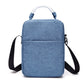 Blue fabric rectangular shoulder case bag with top handle and wide crossbody strap.