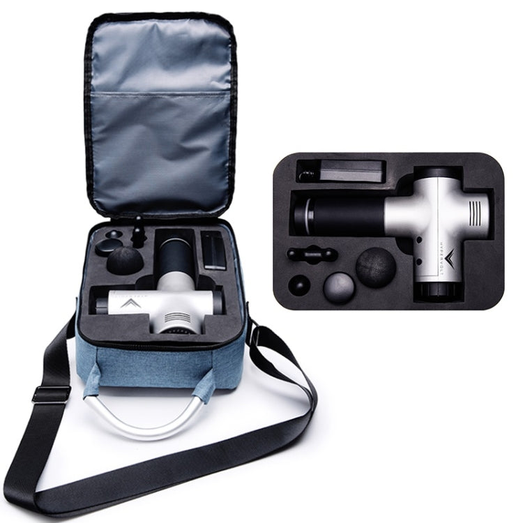Blue fabric shockproof case bag opened to show accessory compartments and main zipper.
