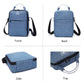 Blue fabric shoulder case bag shown from front, back, side, and top views.