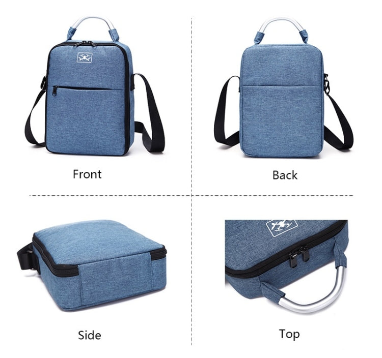 Blue fabric shoulder case bag shown from front, back, side, and top views.
