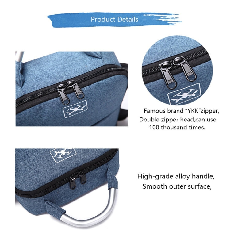 Close-up of blue fabric bag zipper track with metal pull tabs and top handle.