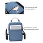 Blue fabric shoulder case bag with openings holding a tablet device and phone.