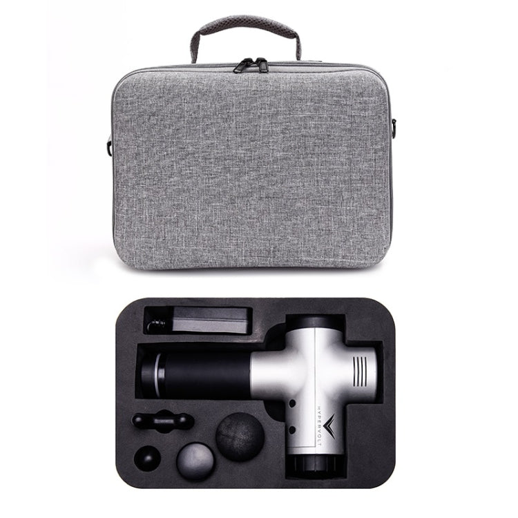 Gray carry case with foam insert for a handheld device and attachment heads.