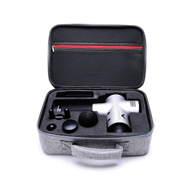 Open gray case with black interior foam cutouts for device and massage attachments.