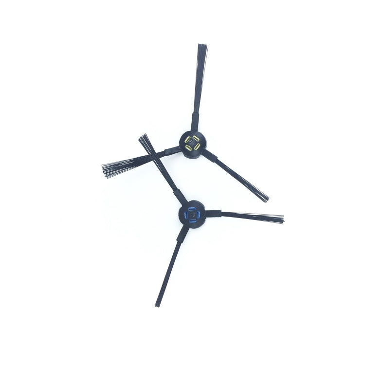 Pair of robotic vacuum side brushes with dark bristles and blue/yellow mounting hubs