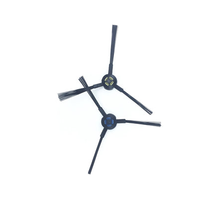 Pair of robotic vacuum side brushes with dark bristles and blue/yellow mounting hubs