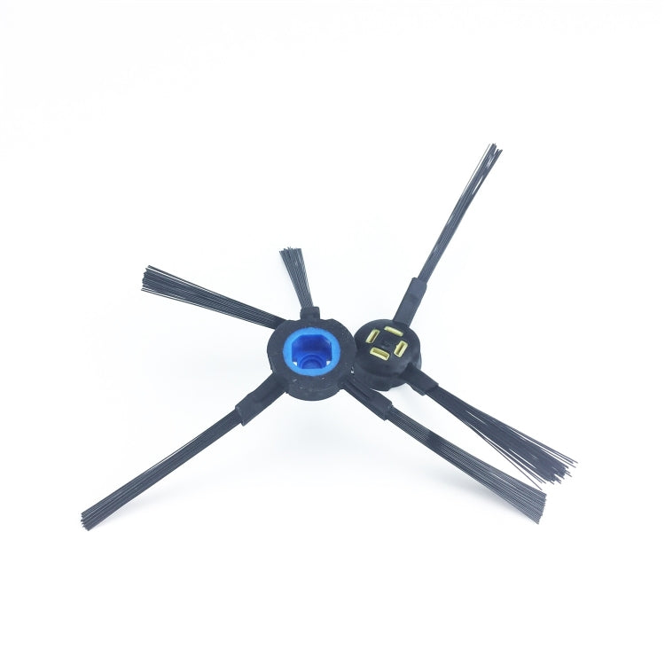 Robotic vacuum side brush pair with blue inner hub rings and long dark sweep bristles