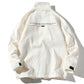 White hooded jacket back view with rib cuffs and zip neckline