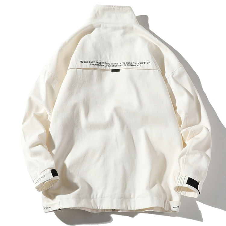 White hooded jacket back view with rib cuffs and zip neckline
