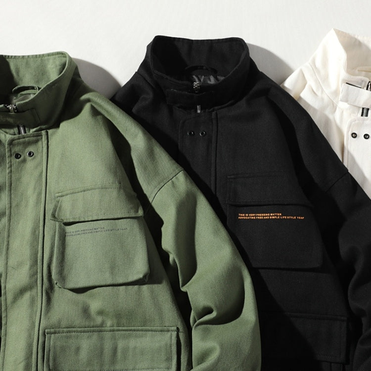Green, black, and white loose zip jackets with hood and flap chest pockets