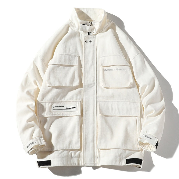 White hooded zip-up jacket with flap multi-pockets and ribbed cuff accents.