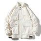 White utility jacket, front zip with large flap pockets and ribbed cuffs.
