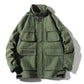 Dark green hooded zip jacket with large flap pockets and adjustable cuffs.