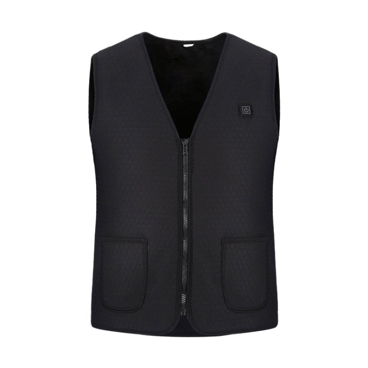 Black heated vest with V-neck, full front zipper, and two side pockets