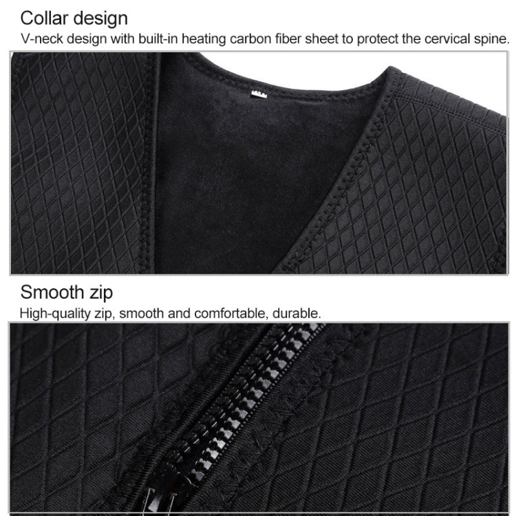 Black V-neck heated vest showing built-in heating panel detail at collar