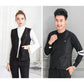 Black heated vest on two models, zip-front, V-neck, and pocketed sides