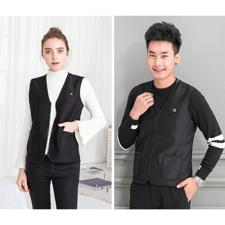 Black heated vest on two models, zip-front, V-neck, and pocketed sides