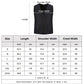 Heated vest size chart with length, shoulder width, and chest width measurements