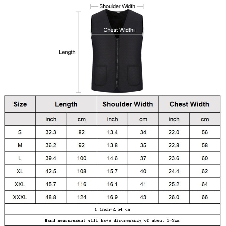 Heated vest size chart with length, shoulder width, and chest width measurements