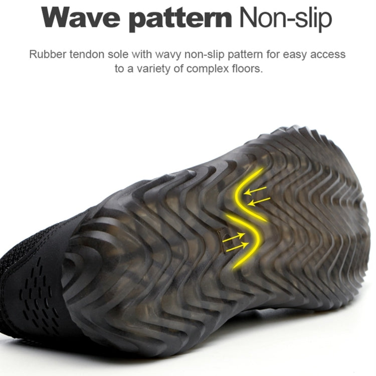 Black safety work shoe outsole close-up with wave non-slip tread