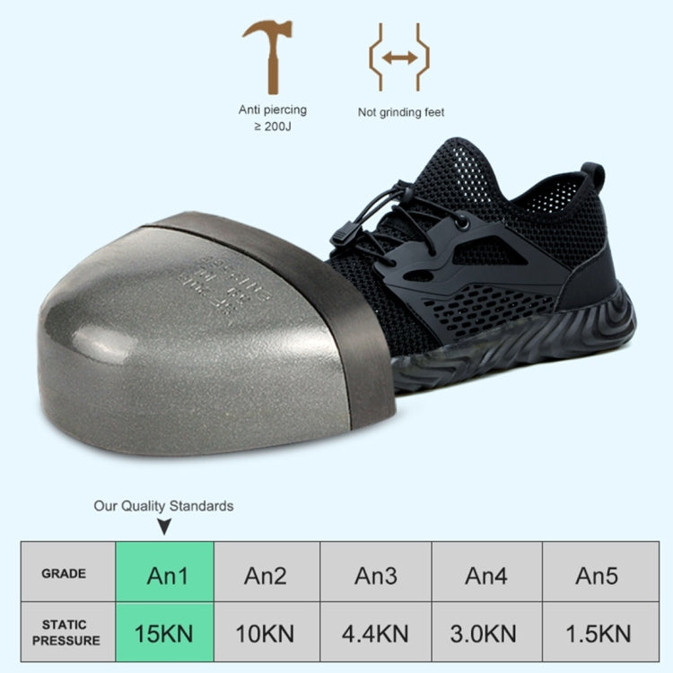 Black work safety shoe with protective toe cap and ventilated mesh upper