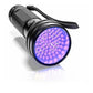 Black UV flashlight with glowing purple circular head and carry strap