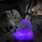 Black UV flashlight emitting a purple beam near a pet on the floor
