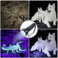 Black UV flashlight with purple glow highlighting objects in test scenes