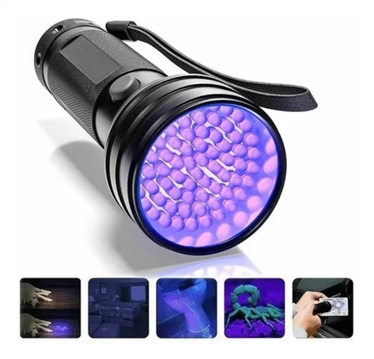 Black UV flashlight with purple 51-LED circular lamp head and hand strap