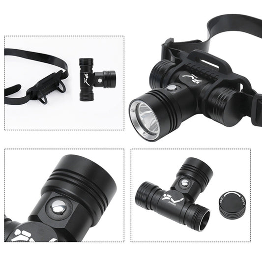 Black diving headlight kit with mounting strap and flashlight end cap